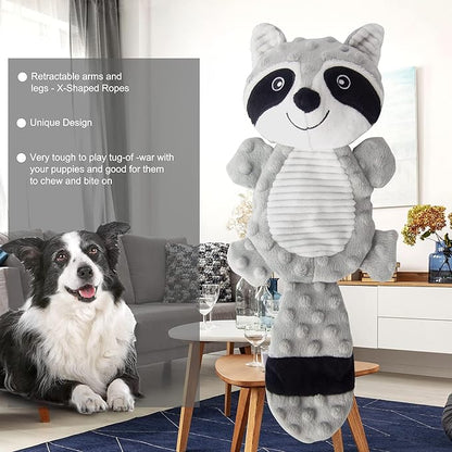 No Stuffing Squeaky Dog Toys Plush Chew Toy for Small Medium Puppy Large Breed, Stuffless Cute Animal Plush Toy for Indoor Play, Tough Durable Teething Interactive Gift, Raccoon,Gray