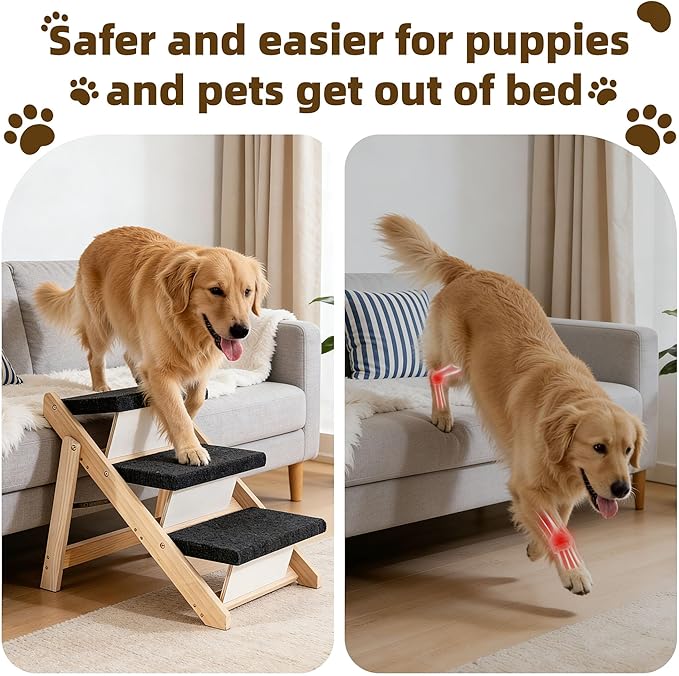 MEWANG Wood Pet Stairs & Ramp for Small/Medium Dogs and Cats, Aging Pets – 3-in-1 Foldable, Portable, Non-Slip Pet Ladder for Tall Beds, Couches,Cars–Holds Up to 220 lbs (24.8" L x 17.2" W x 19.5" H)