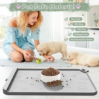 Silicone Dog Food Mat With Residue Collection Pocket - Waterproof Pet Feeding Mat for Cats and Dogs, Raised Edges, Hooks, Placemats for Water Bowl