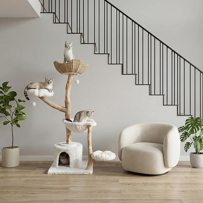59" Modern Cat Tree Tower for Large Cats w/2 Flower Perches-Natural Solid Wood Scratching Post with Real Branch-Luxury Boho Cat Furniture w/Condo & Wicker Basket Bed, Cloud White