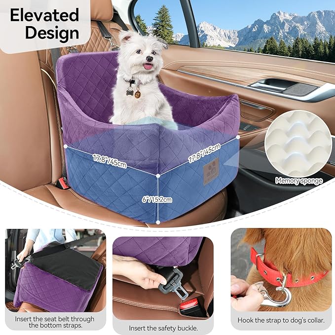 GL GLENSLAVE Dog Car Seat for Small/Medium Dogs, Dog Booster Car Seats with Thick Cushion for Dogs Under 35lbs, Detachable Washable Pet Carseat with Storage Pockets, 2 Safety Belts(Purple)