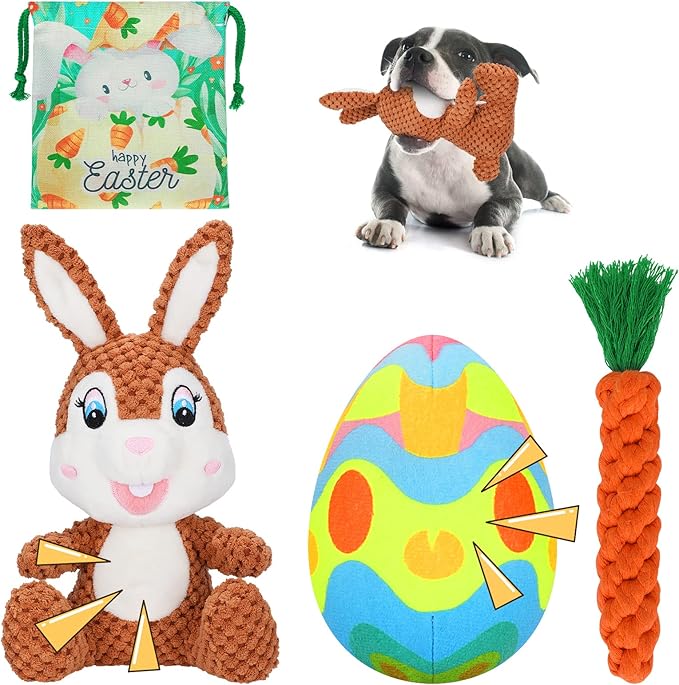 4 Pcs Easter Dog Squeaky Toys, Plush Easter Egg Dog Toy Bunny Toys with Crinkle Paper Interactive Rope Carrot for Puppy Small Medium Dogs