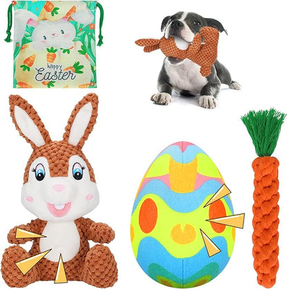 4 Pcs Easter Dog Squeaky Toys, Plush Easter Egg Dog Toy Bunny Toys with Crinkle Paper Interactive Rope Carrot for Puppy Small Medium Dogs