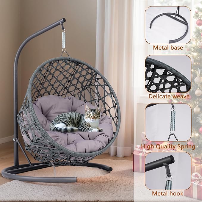 Cat Egg Chair with Stand & Cushion, Cat Swing Bed with Rattan Wicker Appearance, Hanging Chair for Indoor Cats Pet Kitten Puppy Small Dogs (Grey, 19.30 Inch)