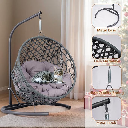 Cat Egg Chair with Stand & Cushion, Cat Swing Bed with Rattan Wicker Appearance, Hanging Chair for Indoor Cats Pet Kitten Puppy Small Dogs (Grey, 19.30 Inch)