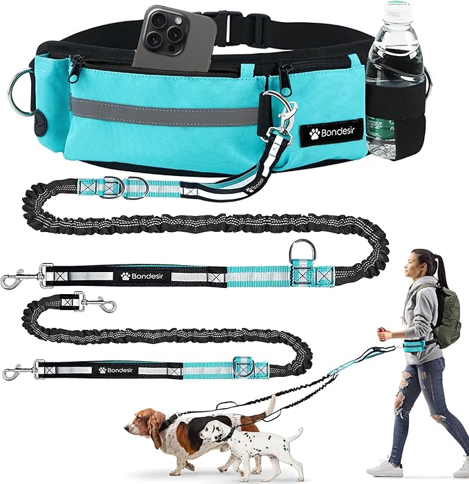 Waist Leash for Double Dog Walking 2 Medium and Large Dogs; Shock-Absorbing, No Pull, No Tangle, Heavy Duty, Hands-Free Double Bungee 2 Dog Leash; Hiking, Walking, Running Gear with Multiple Pockets