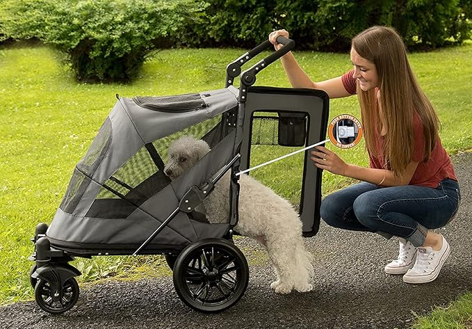 Pet Gear NO-Zip Pet Stroller with Dual Entry, Push Button Zipperless Entry for Single or Multiple Dogs/Cats, Pet Can Easily Walk In/Out, Gel-Filled Tires, Dark Platinum, Excursion