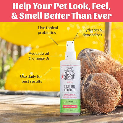 SKOUT'S HONOR Probiotic Pet Deodorizer Spray- Hydrating Daily-Use with Avocado Oil & Omega-3s, Microbiome Friendly Certiified, Paraben & Sulfate-Free, 97% Natural, 8oz, Sunkissed Coconut, 2-Pack