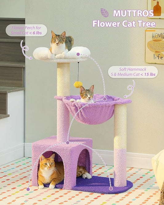 Purple Flower Cat Tree for Small Indoor Cats w/Large Metal Frame Hammock, 35" Cute Cat Tower with Sisal Scratching Posts, Cozy Condo with Cloud White Bed for Kittens