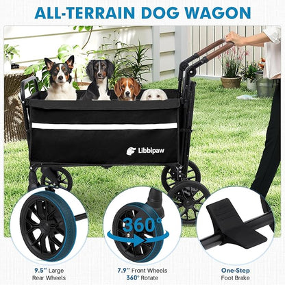 Dog Wagon for Medium Large Dogs up to 200lbs, All Terrain Foldable Large Pet Stroller with Ramp, Dog Wagon Cart with Adjustable Handle & One-Step Brake(Black)