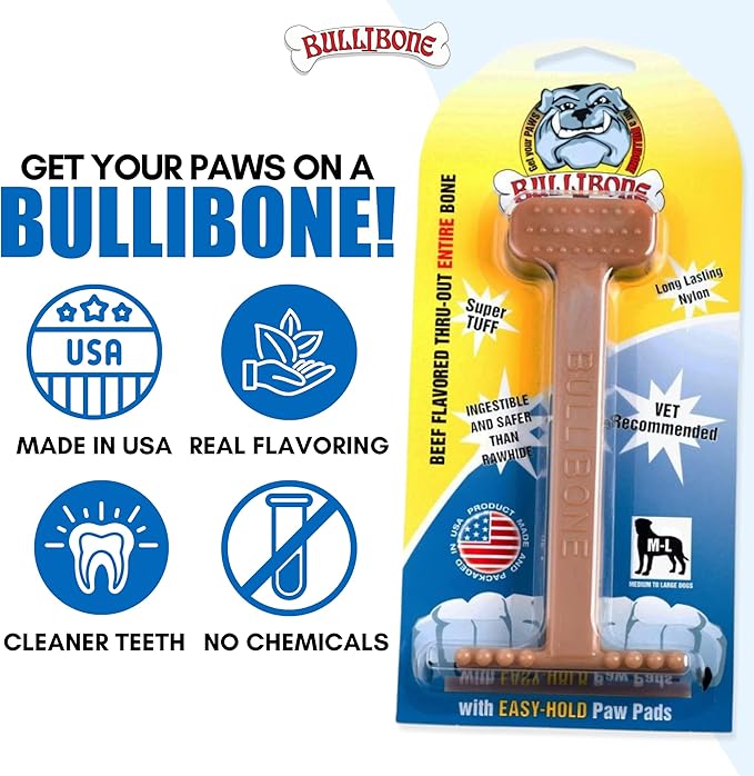 Bullibone Nylon Dog Chew Toy for Aggressive Chewers - Dental Hygiene Bone with Beef Flavor, Durable Tough Chew Toys for Extra Large Dogs, Indestructible Dog Bone - Single