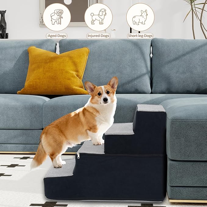 Dog Stairs for Small Dogs, 3 Step Dog Stair for High Bed and Couch, Non-Slip High Density Foam Sturdy Pet Steps with Removable Washable Cover for Older Cat