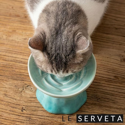 Elevated Ceramic Cat Bowl, Tilted Slow Feeder Pet Dish with Gradient Color Coating, 3.3 Ounces Capacity, Anti-Gulping Design with Rose Bouquet Design (Gradient Green)