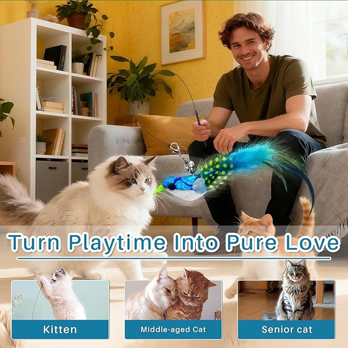 Cat Toy – Interactive Wand with Blue Bird Design Featuring Bell, Feather & Sparkle Teaser for Indoor Play with Owner or Solo Fun, Hands-Free Self-Play for Happy, Active Cats & Kittens