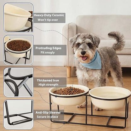 Elevated Ceramic Dog Bowl Set - Double Dishes with Non-Slip Iron Stand - Raised Feeding Station for Food & Water - Ideal for Small and Medium Dogs - 2 × 720ml Capacity - Beige - 15 cm Height