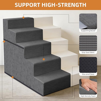 Dog Stairs for Small Dogs, 25" H, 5-Step Extra Wide Pet Steps for High Bed, Non-Slip Balanced Pet Ramp for Medium Cats,Indoor Dog Ladder, Grey
