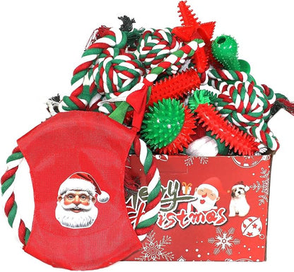 Christmas Dog Toys 15 Pack, Puppy Rubber Chew Toys with Rope Toys Set, Interactive Tough Christmas Gifts Box for Dogs, Training Playing Teething Busy Toys Bulk for Holiday Puppies Presents