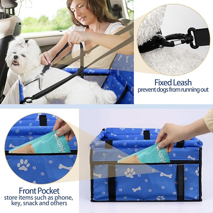 PetsHome Dog Car Seat Foldable Dog Car Booster Seat Waterproof Breathable Oxford Travel Bag for Small to Medium Dogs, Puppies, and Pets-Pattern Blue+Mat