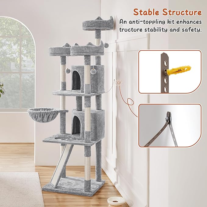 Yaheetech 76in Cat Tree Multi-Level Cat Tower with Large Cat Condo＆Cozy Perches Stable Pet Play House w/Sisal-Covered Scratching Posts＆Board for Indoor Cats, Light Gray