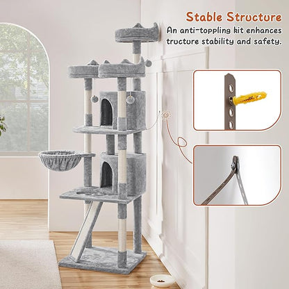 Yaheetech 76in Cat Tree Multi-Level Cat Tower with Large Cat Condo＆Cozy Perches Stable Pet Play House w/Sisal-Covered Scratching Posts＆Board for Indoor Cats, Light Gray