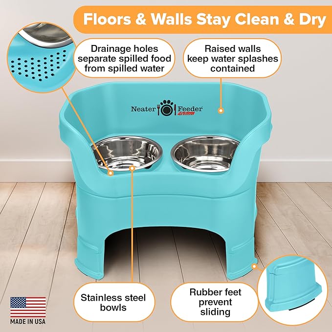 Neater Feeder Deluxe Mess-Proof Elevated Dog Bowls for Large Dogs (40+ lbs), 2 Height Adjustable (14.5” & 17.5”) No-Spill Raised Dog Bowl Stand, Stainless Steel Food Bowl Set, Made in USA, Aquamarine