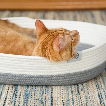 Kitty City Woven Cat Bed with Removable Washable Cushion, Cozy Braided Rope Indoor Cat Bed with Natural Catnip, Warm Round Cat Bed for Small to Medium Cats, 14” x 19" - White/Grey