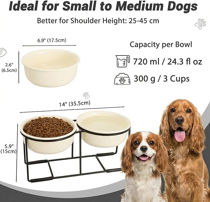 Elevated Ceramic Dog Bowl Set - Double Dishes with Non-Slip Iron Stand - Raised Feeding Station for Food & Water - Ideal for Small and Medium Dogs - 2 × 720ml Capacity - Beige - 15 cm Height