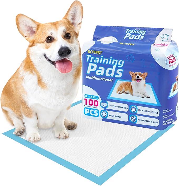 Roypet 22" x 22" Puppy Training Pads in Bag, 5-Layer Leak-Proof Design and Quick-Dry, Surface for Potty Training, Ultra Absorbent and Odor Eliminating, 100 Count, Blue & White