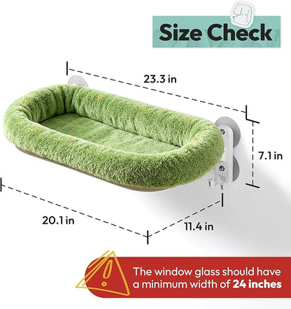 Cordless Cat Window Perch, Foldable Cat Window Hammock, 4 Strong Suction Cups, Solid Metal Frame, Patented Hook Design, Cushion Green, L