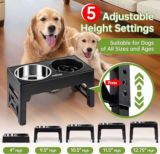 EliteField Elevated Dog Bowls (2-Year Warranty), Two 58 oz Stainless Steel Food Bowls, 5 Adjustable Raised Heights (4", 9.5", 10.5", 11.5", 12.75") Suitable for Dogs of All Ages, Small to Large Sizes