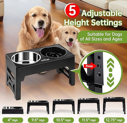 EliteField Elevated Dog Bowls (2-Year Warranty), Two 58 oz Stainless Steel Food Bowls, 5 Adjustable Raised Heights (4", 9.5", 10.5", 11.5", 12.75") Suitable for Dogs of All Ages, Small to Large Sizes
