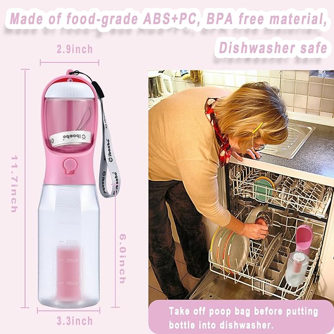 Cibaabo Dog Water Bottle with Food Container & Poop Bag Holder, Travel Water Bowl, Portable Pet Dispenser, Dog Gifts Stuff Accessories Items, Puppy Essentials for Yorkie Chihuahua Walking Hiking