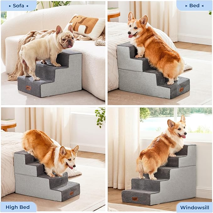 Dog Stairs for Small Dogs - Pet Stairs 2 in 1 with Zippers Suitable for Couch and Bed, 35D Foam Dog Steps with Non Slip Bottom Grey 4 Steps, Beige