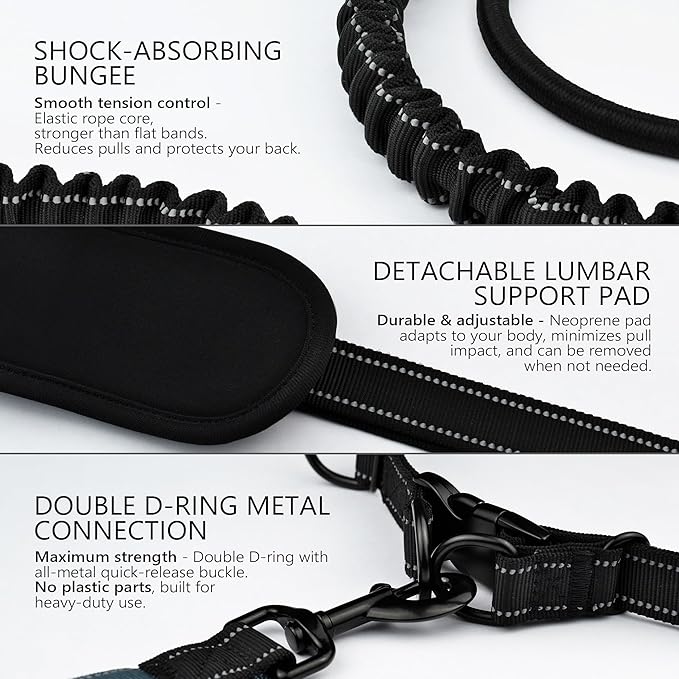 Waist Leash for Dog Walking, Waist Dog Leash for Running, Hands Free with Metal Quick-Release Buckle, Rope Bungee, Neoprene Lumbar Support