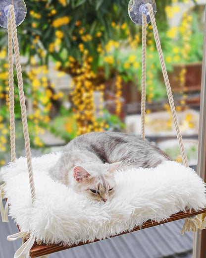Cat Hammock with Industrial-Grade Suction Cups - Solid Pine Wood Seat, Soft Cushion - 42 lb Capacity