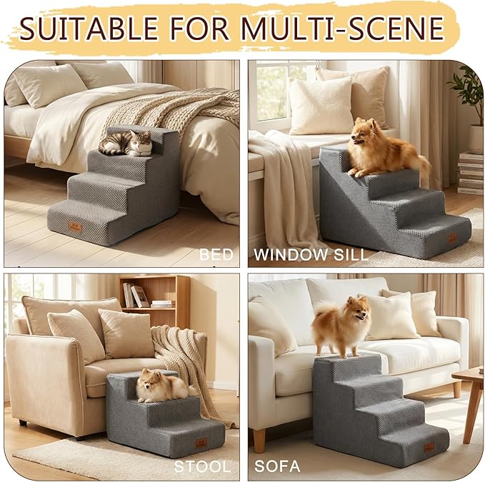 2 Pcs Dog Stairs 4-Step Dog Stairs for Bed Couch Sofa 17.7" H Pet Steps for Puppy Small Dogs Cat Puppy Small Medium Dogs (Grey, 4-Stairs 17.7" H)