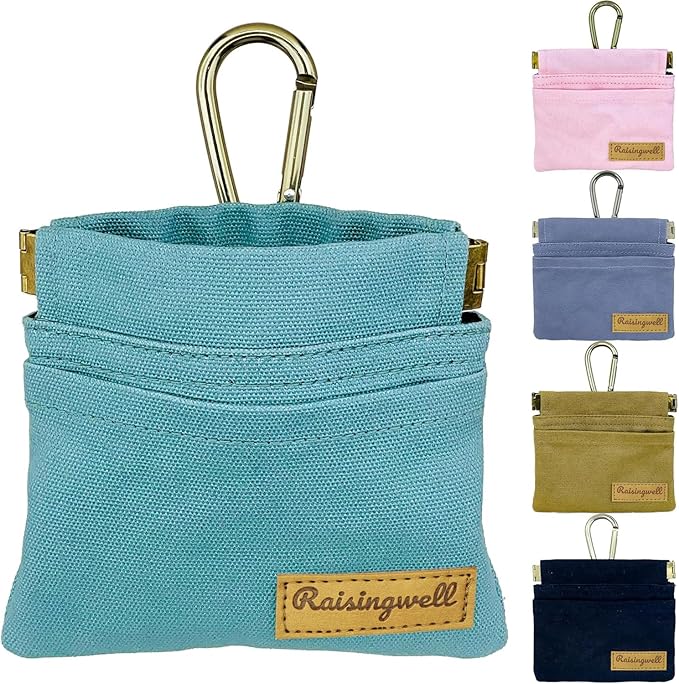 Raisingwell Dog Treat Pouch, Green Pocket Sized Pet Training Pouch, Cotton Fabric, Hand Free Dog Walking Bag with Carabiner, Self-Closing Pet Feed Snack Reward, for Puppy Travel or Outdoor Use