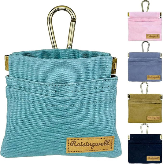Raisingwell Dog Treat Pouch, Green Pocket Sized Pet Training Pouch, Cotton Fabric, Hand Free Dog Walking Bag with Carabiner, Self-Closing Pet Feed Snack Reward, for Puppy Travel or Outdoor Use