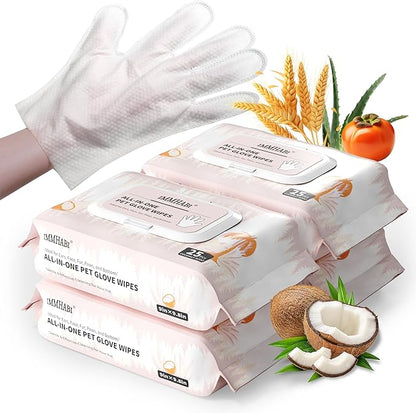 100 Pcs Cleaning Deodorizing Pet Glove Wipes for Dogs & Cats, Hypoallergenic Dog Bath Wipes with Natural Deodorizer Persimmon Tannin, Pet Bathing Wipes for Horse Coat Care Coconut Scent
