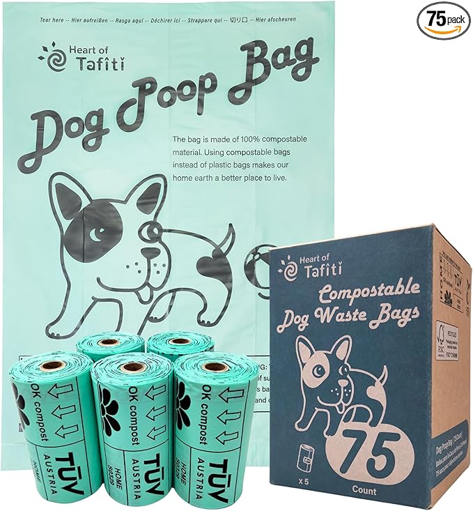 Home Compostable Dog Poop Bags, Plant-Based Dog Waste Bags, Extra Thick & Leak Proof, Unscented Flat Bags, Eco-Friendly 9 x 13 Inches, 75 Count
