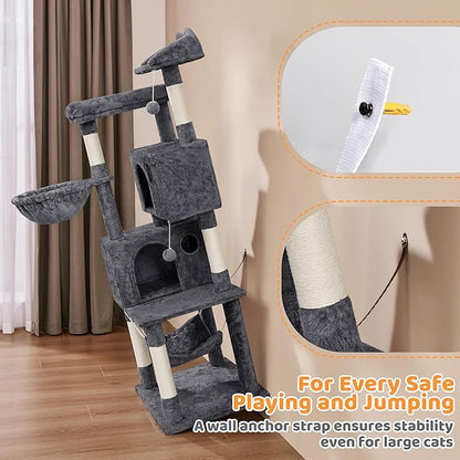 Yaheetech 64.5in Extra Large Cat Tree with 2 Perches, 2 Condos, 5 Scratching Posts, Funny Hammock & Basket & Dangling Balls, Multi-Level Cat Tower for Indoor Felines, Dark Gray