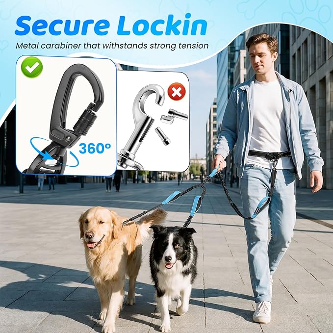 Hands Free Leash for 2 Large Dogs, No Tangle Waist Walking Bungee Leash, 6-8 FT Dual Dog Leashes(50-150 lbs)