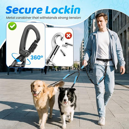 Hands Free Leash for 2 Large Dogs, No Tangle Waist Walking Bungee Leash, 6-8 FT Dual Dog Leashes(50-150 lbs)