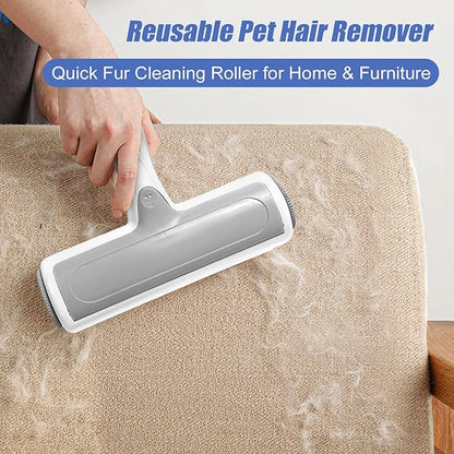 Roller Pet Hair Remover – Reusable Lint Roller for Dog & Cat Hair on Furniture, Couch, Carpet, Rugs, Bedding & Car – Portable, Eco-Friendly (White Gray)