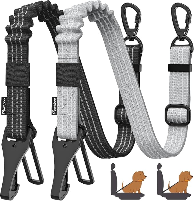 Pawaboo 2Pack Dog Seatbelt for Car, 3-in-1 Dog Car Seat Belt, Shockproof Dogs Tether with Buckle & Hook Latch, Adjustable Reflective Dogs Cars Harness Leash with 360° Lockable Buckle, Gray & Black