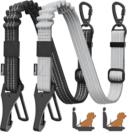 Pawaboo 2Pack Dog Seatbelt for Car, 3-in-1 Dog Car Seat Belt, Shockproof Dogs Tether with Buckle & Hook Latch, Adjustable Reflective Dogs Cars Harness Leash with 360° Lockable Buckle, Gray & Black