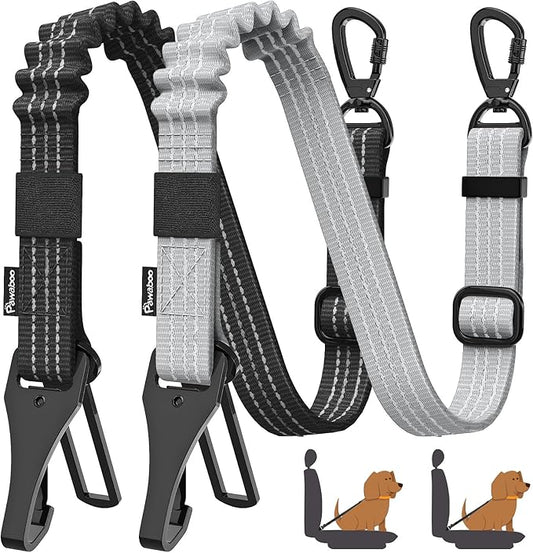 Pawaboo 2Pack Dog Seatbelt for Car, 3-in-1 Dog Car Seat Belt, Shockproof Dogs Tether with Buckle & Hook Latch, Adjustable Reflective Dogs Cars Harness Leash with 360° Lockable Buckle, Gray & Black