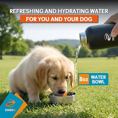 3-in-1 Dog Water Bottle – Insulated Stainless Steel Travel Bottle with Food Bowl, Leakproof, Carrying Bag & Brush