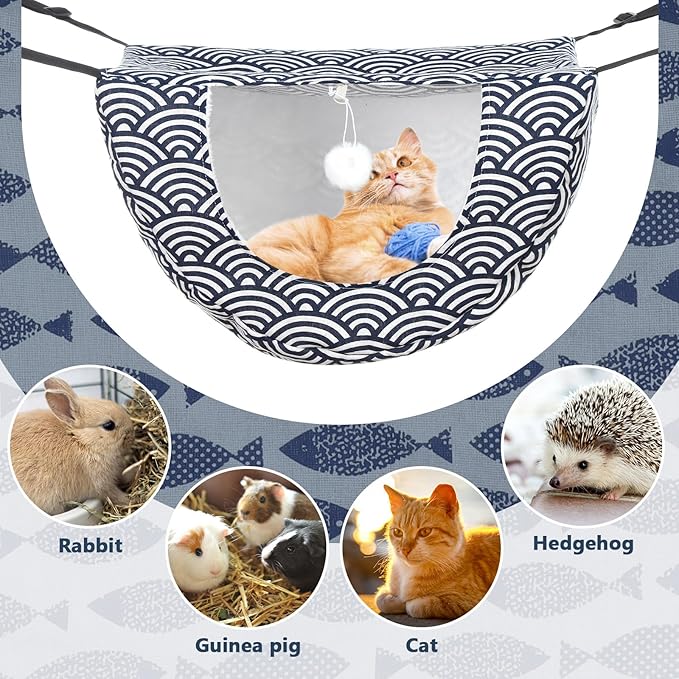 Unittype 2 Pieces Cat Cage Hammock Hanging Pet Bed Double Layer Soft Plush Hanging Pet Comfortable Hammock Bed for Indoor Kitten Ferret Hamster Rabbit or Small Animals, 2 Styles(Fish)