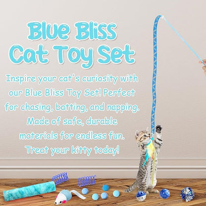 24 Pcs Cat Toys Set Interactive Kitten Toys Pack Including Collapsible Play Tunnel Feather Teaser Wand Fuzzy Ball Springs Pillow Mouse Bells for Indoor Cats Puppy(Blue,Classic)
